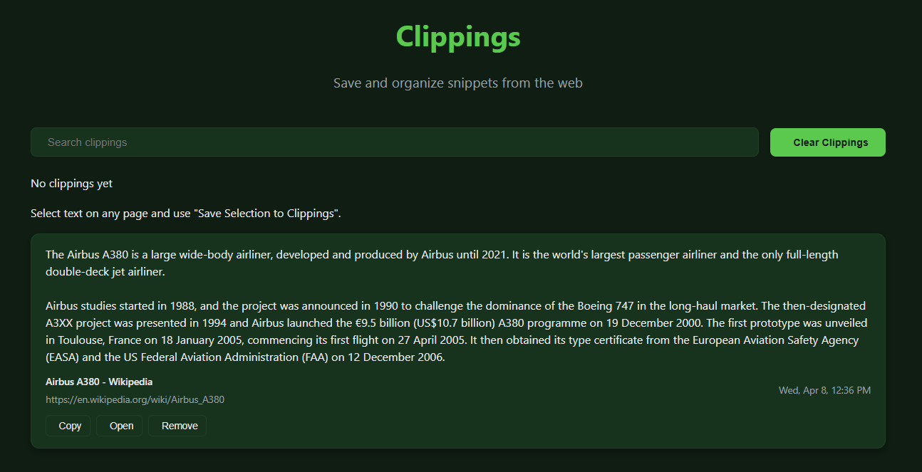 Clippings feature